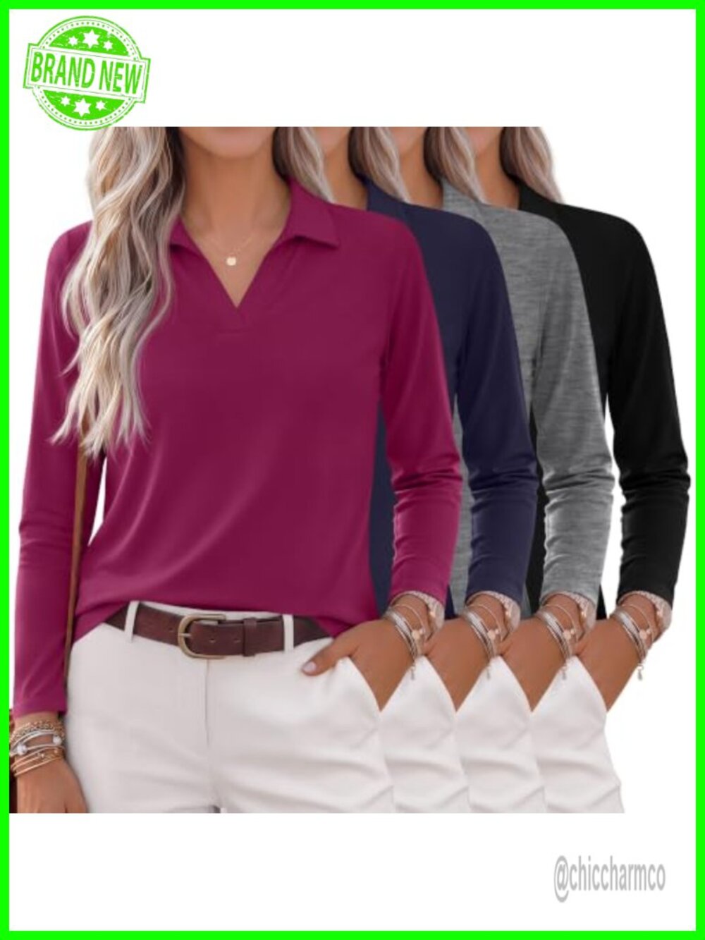 4 Pack Women's Long Sleeve Polo Shirts V-Neck Loose Fit Tunic Tops
